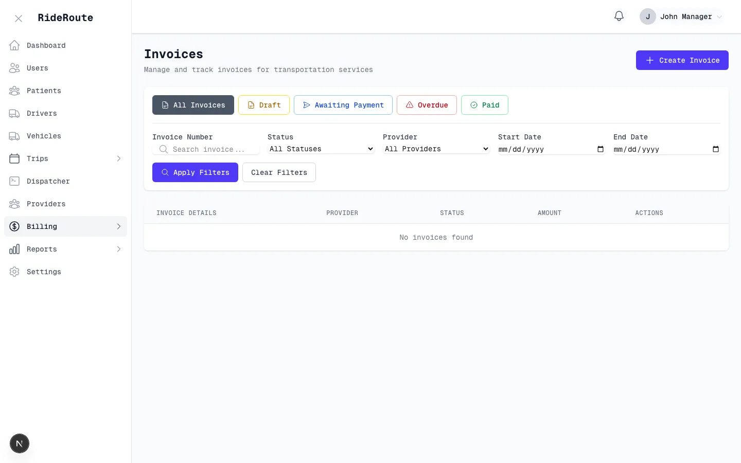 Billing and invoices screen showing invoice list and payment status