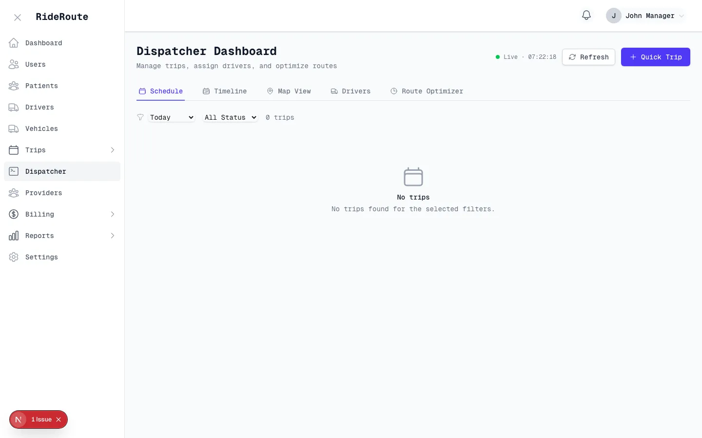 Dispatcher view showing scheduled trips and driver assignments
