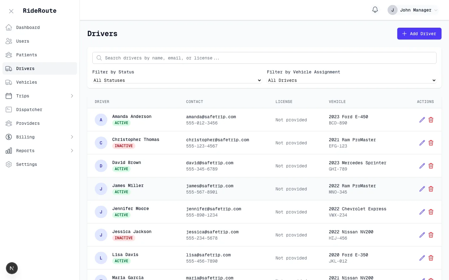 Driver management screen showing active drivers and their status