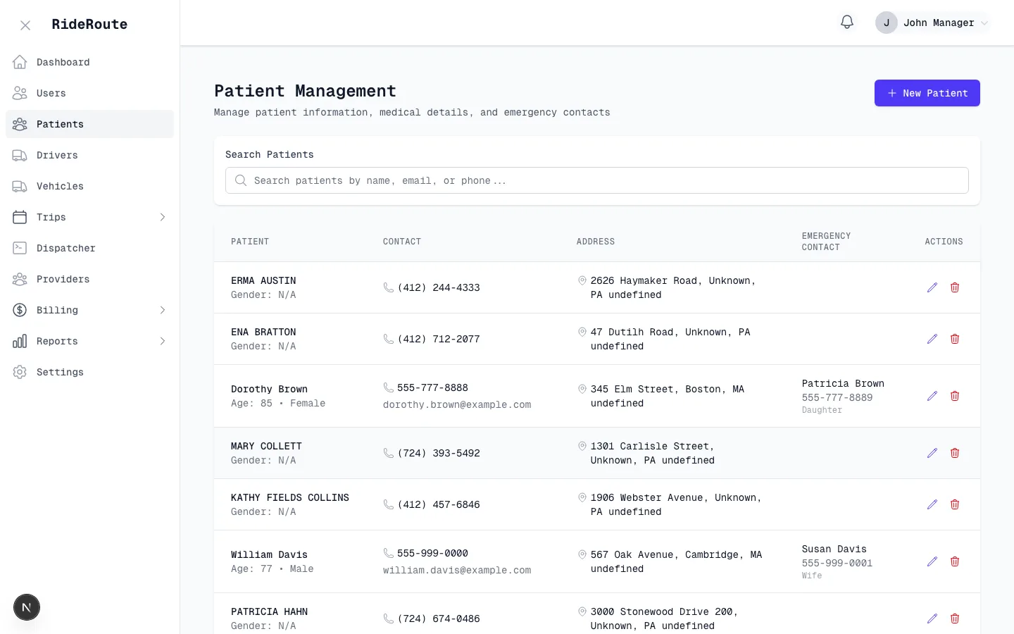 Patient management screen showing patient list with special needs and contact info