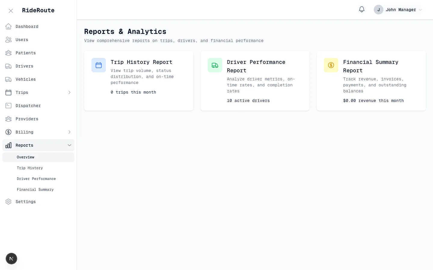 Analytics and reporting screen showing trip and revenue metrics