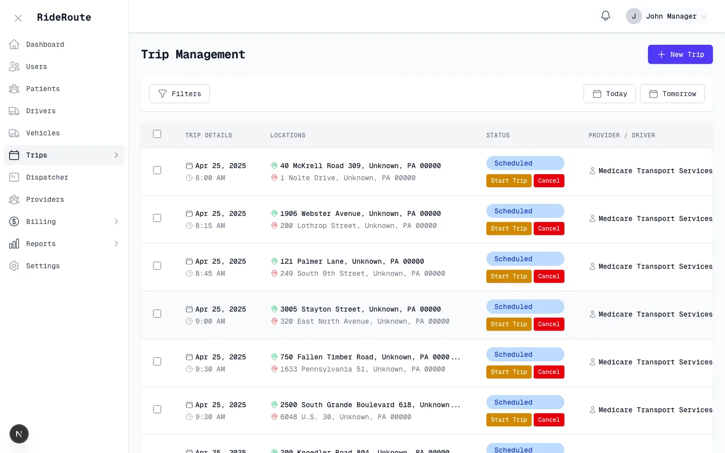 RideRoute trip management board showing active and scheduled trips with driver assignments